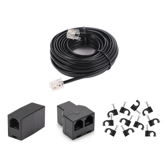 Picture of Long Telephone Extension Cord 20FT, Black, Phone Cable Line Wire with Standard RJ11 Plug, 1 Phone Line Splitter, 1 in-line Coupler and 15 Cable Clip Holders for Telephone Calling Communication