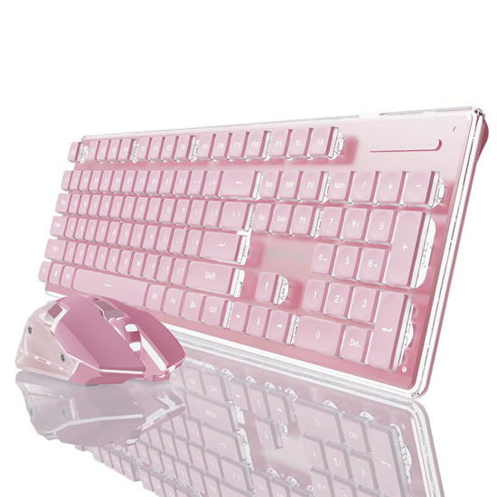 Picture of SEUNKWANG EWEADN V3 Wireless Keyboard and Mouse with Single Backlit, Metal Panel, Bluetooth/2.4G Rechargeable Computer Keyboard and Mouse Combo Silent Lighted Full Size Cute Keyboard-Pink