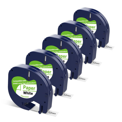 Picture of 5 X White Paper Tape 91330 Replacement for Dymo Label Maker Refills Letratag Tape 12mm x 4m 1/2 13ft Compatible with Dymo Letratag Refillsb LT-100H QX50 LT-100T Label Refills