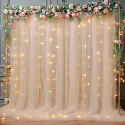 Picture of 10x10ft Champagne Tulle Backdrop Curtain with Lights String for Parites, Sheer Backdrop Curtains for Wedding Baby Shower Birthday Party Photo Shoot Decorations