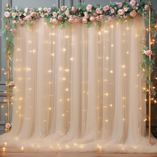 Picture of 10x10ft Champagne Tulle Backdrop Curtain with Lights String for Parites, Sheer Backdrop Curtains for Wedding Baby Shower Birthday Party Photo Shoot Decorations