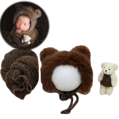 Picture of Zeroest Baby Photography Props Bear Hats Blanket Newborn Photo Shoot Outfits Infant Photos Hat Wrap (Coffee)