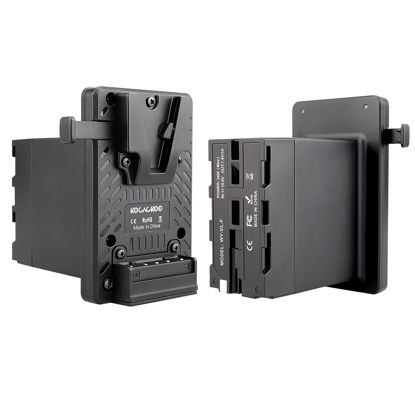 Picture of KOCACKOO fully decoded V-mount battery to NP-F series Dummy Battery Conversion Adapter Plate. Used to provide longer power supply for Sony L-series/NP-F camcorders or other devices by V-mount battery.