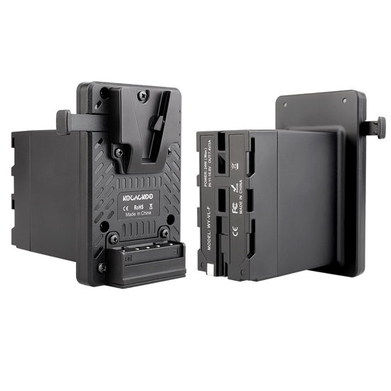 Picture of KOCACKOO fully decoded V-mount battery to NP-F series Dummy Battery Conversion Adapter Plate. Used to provide longer power supply for Sony L-series/NP-F camcorders or other devices by V-mount battery.