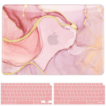 Picture of B BELK Compatible with MacBook Air 13 inch Case MacBook Air M1 Case 2021 2020 2019 2018 A2337 A2179 A1932 Touch ID Retina Display, Laptop Plastic Hard Case + 2 Keyboard Covers, Pink Shiny Gold Marble