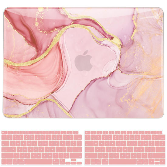 Picture of B BELK Compatible with MacBook Air 13 inch Case MacBook Air M1 Case 2021 2020 2019 2018 A2337 A2179 A1932 Touch ID Retina Display, Laptop Plastic Hard Case + 2 Keyboard Covers, Pink Shiny Gold Marble