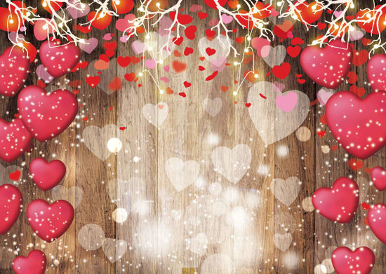 Picture of Dudaacvt 7x5ft Valentine's Day Backdrop Rustic Wood Red Love Heart Background for Mother's Day Wedding Bridal Shower Party Decor Banner Portrait Photo Studio Booth Props D480