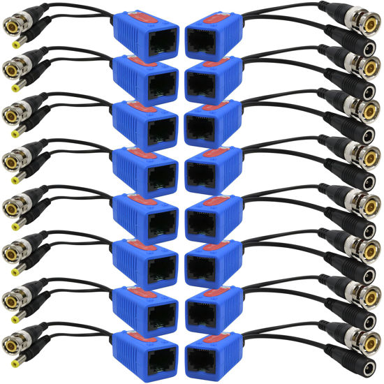 Picture of EAGLEWATCH 8 Pair Video Balun with Power Supply, BNC to Cat5 Adapter, BNC to RJ45 Converter, 1080P-8MP Analog Camera Ethernet Transceiver - Compact (Blue)