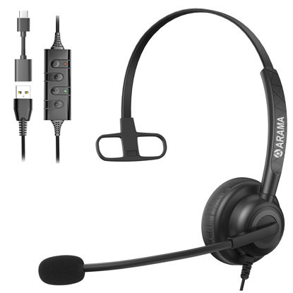 Picture of Arama USB Headset with Microphone for PC Laptop, On-Ear Wired Computer Headset with Noise Cancelling Mic & in-line Control for Home Office Call Center Online Class Skype Zoom (Black-USB600)