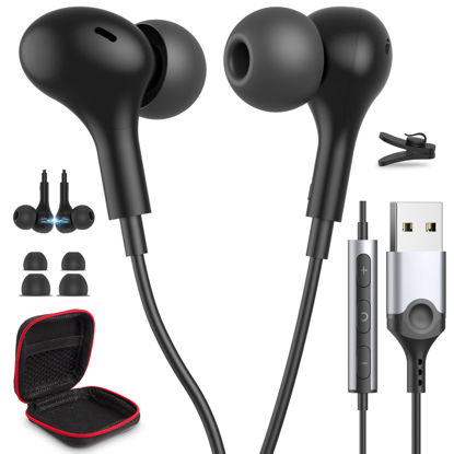 Picture of USB Headphones for PS5 PS4 PC Laptop Magnetic 2.3M Wired Earbuds Computer Headset with Microphone Control Mute Mic Noise Canceling in-Ear Eartips Corded Earphone for MacBook Pro Office Work School