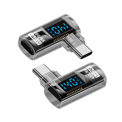Picture of NFHK Adapter Transparent Type-C Smart LED Display USB-C Male to Female Extension Adapter USB4.0 40Gbps 140W Left Right Angled 90 Degree Current Voltage Monitoring