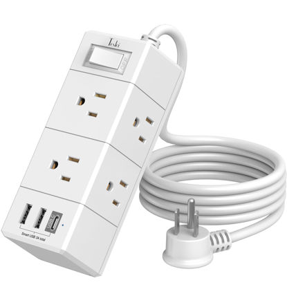 Picture of 5Ft Outlet Extender Power Strip - Tcstei Flat Plug Extension Cord with 6 Outlets and 4 USB Ports(1 USB C), 3 Side Wall Mount Outlet Extender for Home Dorm Room Essentials, ETL Listed, White