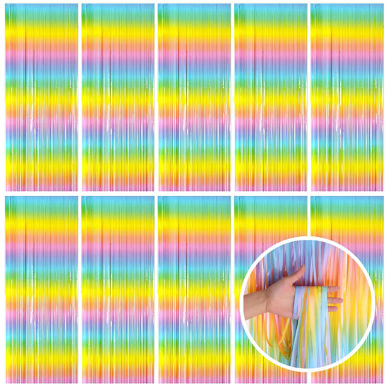 Picture of Pastel Rainbow Foil Fringe Curtain Streamers Party Backdrop Foil Fringe Backdrop Curtains Tinsel Streamers for Birthday Party Decorations