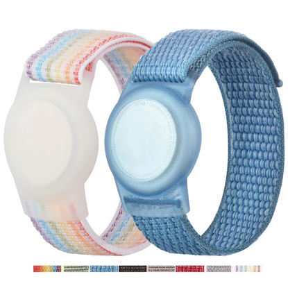 Picture of 2 Pack AirTag Bracelet for Kids, Apple Air Tag Protective Cover with Nylon Wristband, Anti Lost GPS Trackers Case Cover Elastic Watch Band for Toddlers Girls Boys Elders (Light Rainbow,Blue)