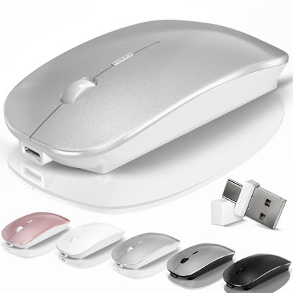 Picture of Bluetooth Wireless Mouse for MacBook Air Mac Pro Laptop PC Pad Optical Rechargeable Silent Mouse with Jiggler Mode Dual Mode Switch Mouse Bluetooth 5.2/3.0 and 2.4G USB-A & USB-C Receiver Silvery