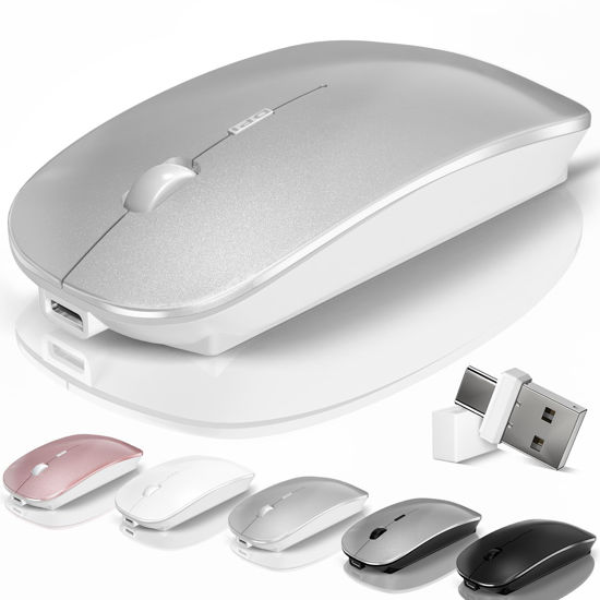 Picture of Bluetooth Wireless Mouse for MacBook Air Mac Pro Laptop PC Pad Optical Rechargeable Silent Mouse with Jiggler Mode Dual Mode Switch Mouse Bluetooth 5.2/3.0 and 2.4G USB-A & USB-C Receiver Silvery