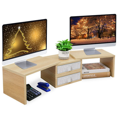 Picture of TEAMIX 42 inch Dual Monitor Stand Riser with 2 Drawers- Length and Angle Adjustable 3 shelf Riser with Storage Desk Organizer Computer Monitor Stand for 2 Monitors/Laptop/PC,Screen/TV Stand Riser