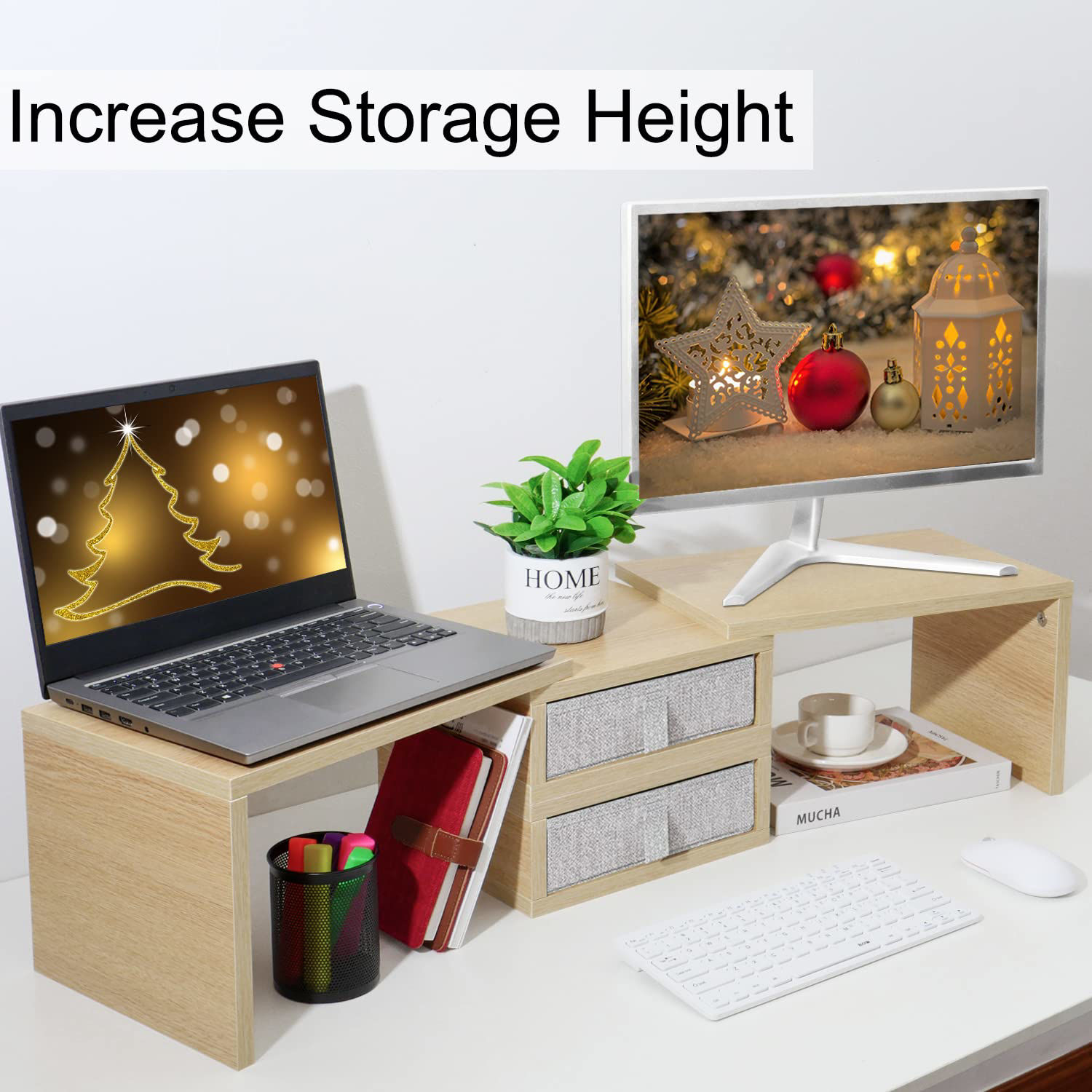 3 Shelf Computer Monitor Riser Wood Desktop Stand With Adjustable Length And Angle, Desk Accessories TV Stand - Home Furniture And Wooden Furniture Price
