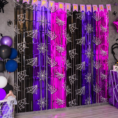Picture of Bupelo Wednesday Birthday Party Supplies, 2 Pack Wednesday Party Decorations 3.3x6.6ft Black Purple and Pink Tinsel Foil Fringe Curtains, Gothic Photo Booth Prop Backdrop Streamer for Girl in Dark