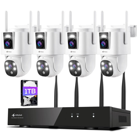 Picture of Kittyhok Dual Lens Wireless Security Camera System, 4pcs 2K Outdoor Camera with 2.4/5GHz WiFi, Pan & Tilt, Auto Tracking, Human Detection, Color Night Vision, 16CH Wi-Fi 6 NVR with 1TB HDD, KWDP164