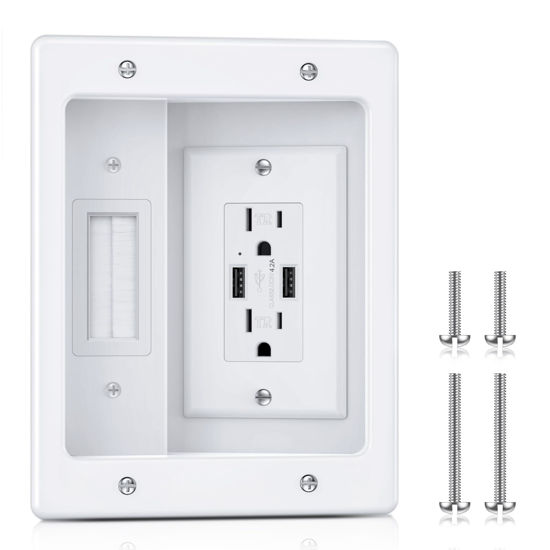 Picture of ELECPOW Cord Hider Wall with Dual AC Outlets & Dual USB-A Ports, in Wall Cable Management Kit for Wall Mounted TV，Recessed Outlet with TV Wire Hider for Power Cables & Low Voltage Wires.