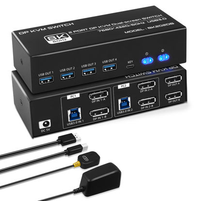 Picture of 8K@60Hz KVM Switch 2 Monitors 2 Computers 4K@120Hz USB 3.0 Dual Monitor KVM for 2 PC Share 2 Monitor and 1 Set of Keyboard Mouse Printer (Dual Monitor DP DP)