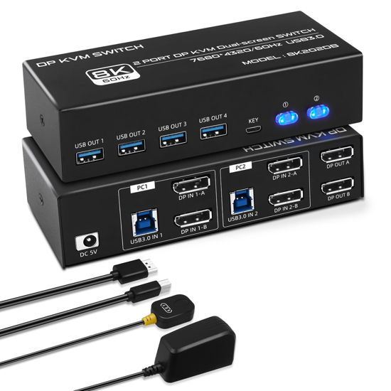 Picture of 8K@60Hz KVM Switch 2 Monitors 2 Computers 4K@120Hz USB 3.0 Dual Monitor KVM for 2 PC Share 2 Monitor and 1 Set of Keyboard Mouse Printer (Dual Monitor DP DP)