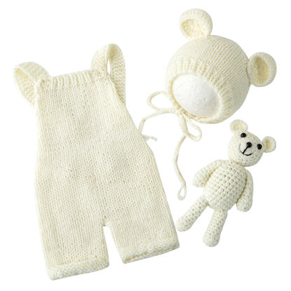 Picture of Vemonllas Newborn Photography Props Boys Girls Outfits Baby Photo Props Knit Bear Hat Romper Photoshoot Costume Set (Ivory)