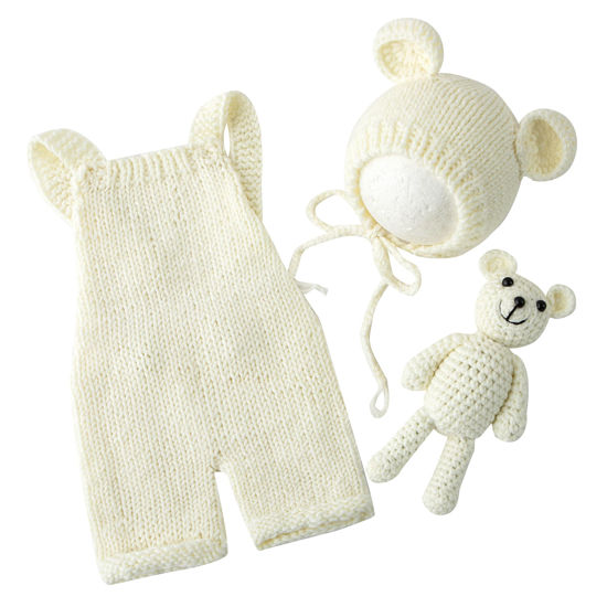 Picture of Vemonllas Newborn Photography Props Boys Girls Outfits Baby Photo Props Knit Bear Hat Romper Photoshoot Costume Set (Ivory)