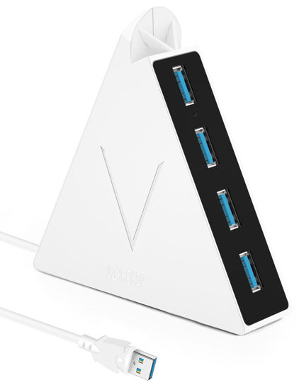Picture of JoyReken 4-Port USB 3.0 Hub, FlyingVHUB Vertical Data USB Hub with 2 ft Extended Cable, for Mac, PC, Xbox One, PS4, PS5, iMac, Surface Pro, XPS, Laptop, Desktop, Flash Drive, Mobile HDD(White)