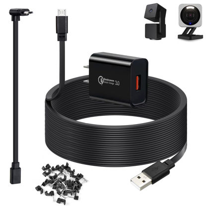 Picture of 50ft Power Cord for Wyze Cam v4,Wyze Cam Pan v3,Wyze OG,Wyze Cam v3 Pro Security Cameras - 15m Long Flat Extension Micro USB Charging Cable with L-Shaped Short Adapter and 18W Fast Charger, Black