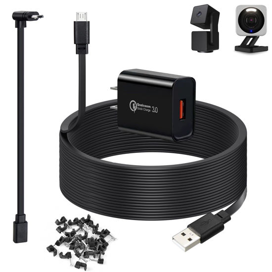 Picture of 50ft Power Cord for Wyze Cam v4,Wyze Cam Pan v3,Wyze OG,Wyze Cam v3 Pro Security Cameras - 15m Long Flat Extension Micro USB Charging Cable with L-Shaped Short Adapter and 18W Fast Charger, Black