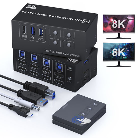 Picture of 8K HDMI KVM Switch 2 Monitors 4 Computers Dual Monitor Support 8K@60Hz 4K@120Hz KVM Switcher PC Extended Display for 4 Port Share 4 USB Ports - 8K HDMI Monitor Switch for 4 PCs