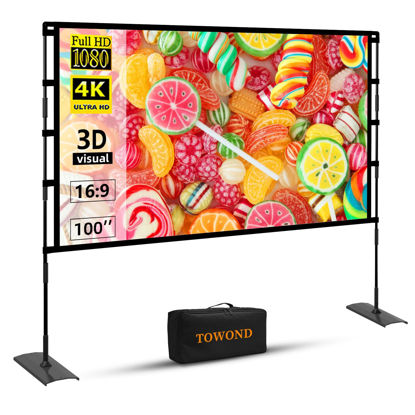 Picture of Projector Screen and Stand, Towond 100 inch Outdoor Projector Screen Indoor, Portable Movie Screen 16:9 4K Front Rear Projection Screen with Carry Bag Wrinkle-Free Design for Home Backyard Theater
