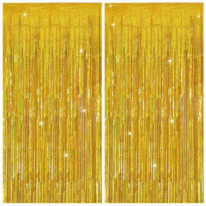 Picture of Tinsel Curtain Party Backdrop Gold Birthday Party Decorations 2 Packs Glitter Foil Fringe Curtain Party Decor Streamers Photo Booth for Birthday Christmas Wedding Halloween Graduation Decorations