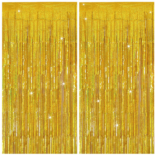 Picture of Tinsel Curtain Party Backdrop Gold Birthday Party Decorations 2 Packs Glitter Foil Fringe Curtain Party Decor Streamers Photo Booth for Birthday Christmas Wedding Halloween Graduation Decorations