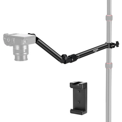 Picture of NEEWER Overhead Camera Mount Arm with Phone Clip, 22"/56cm 180°&360° 2 Section Flexible Holding Arm for Desk Stand, Fits 0.87"-1.1" Tube, 5.5lb/2.5kg Max Load for Camera LED Ring Light Mic, DS009