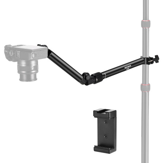 Picture of NEEWER Overhead Camera Mount Arm with Phone Clip, 22"/56cm 180°&360° 2 Section Flexible Holding Arm for Desk Stand, Fits 0.87"-1.1" Tube, 5.5lb/2.5kg Max Load for Camera LED Ring Light Mic, DS009