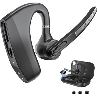 Picture of Wireless Earpiece Headset with USB Charging Case & Noise Cancelling Mic for PC, Phone, Bluetooth Headphones Over Ear with Microphone for Zoom Meetings, Work from Home, Trucker Use