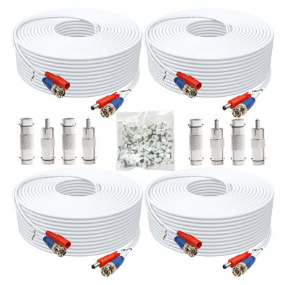 Picture of Aimyzii BNC Cable 200ft 4 Pack BNC Video Power Cable,Security Camera Cable for CCTV Camera DVR Security Systems(Included 8X BNC Adapters,100 Pcs Cable Clips)-White
