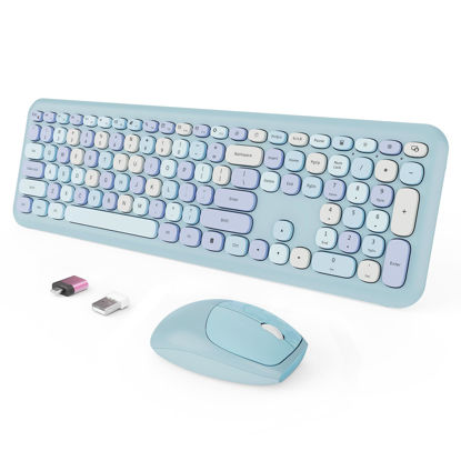 Picture of Wireless Keyboard and Mouse Combo, Colorful Ergonomic Full Size Retro Low-Noise Keyboard with Cute keycaps, Compatible with Windows, PC, Perfer for Home and Office Keyboards (Blue)