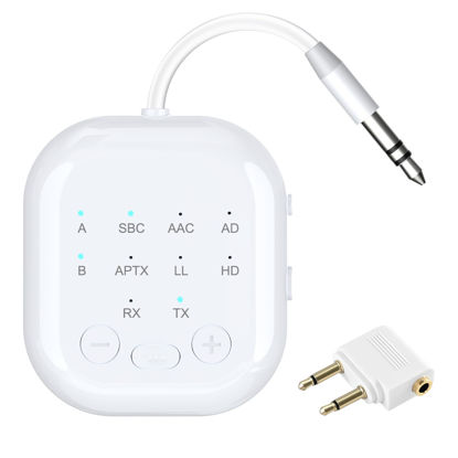 Picture of Bluetooth Transmitter Receiver,Bluetooth Audio Adapter for Airplane,Bluetooth Transmitter for TV,Gym, Aptx HD, Aptx Low Latency Audio for 2 AirPods/Headphones (White)