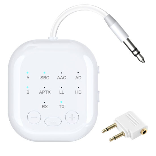 Picture of Bluetooth Transmitter Receiver,Bluetooth Audio Adapter for Airplane,Bluetooth Transmitter for TV,Gym, Aptx HD, Aptx Low Latency Audio for 2 AirPods/Headphones (White)