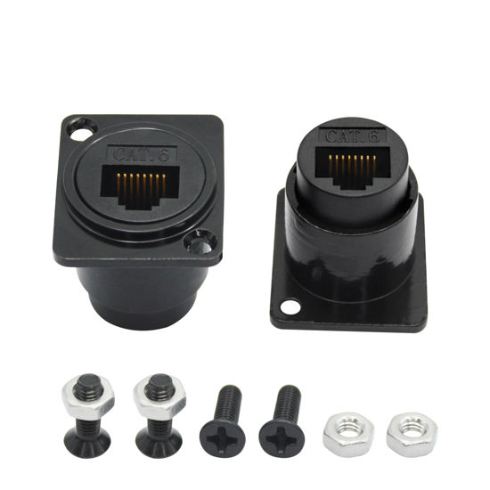 Picture of Maixbomr 2Pcs RJ45 Panel Mount Connector,D-Type RJ45 Cat6 Female to Female Through Socket with Install Screw, RJ45 Network Ethernet Extension Coupler Adapter