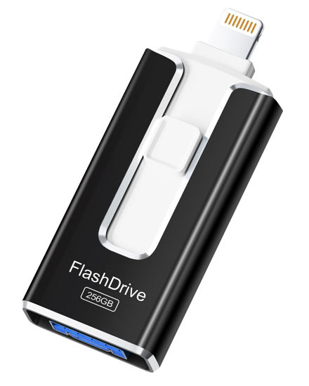 Picture of MFi Certified 256GB Flash Drive for iPhone iPad, Photo Stick for External Memory Storage, Easily Back Up and Save Files, USB Memory Stick Thumb Drive for iPhone/iPad/Android/PC (Black, 256GB)
