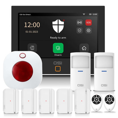 Picture of OSI Alarm System for Home Security (Gen 2)11 piece. DIY, Touch Screen, Motion Detection, Contact sensors, Wireless Siren, Remotes, Phone App, Compatible with Alexa, Continuous Updates,NO Monthly Fees
