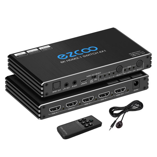 Picture of HDMI Switch 8K 4x1 120Hz 48Gbp, HDCP 2.3,ARC,VRR,CEC,HDMI Switcher 4 in 1 Out,4 Port HDMI Selector,IR Remote,3D,HDR 10,D-o-l-b-y Atmos,for QLED TV,PS5,Xbox,Fire Stick,Roku,Blu Ray,Projector