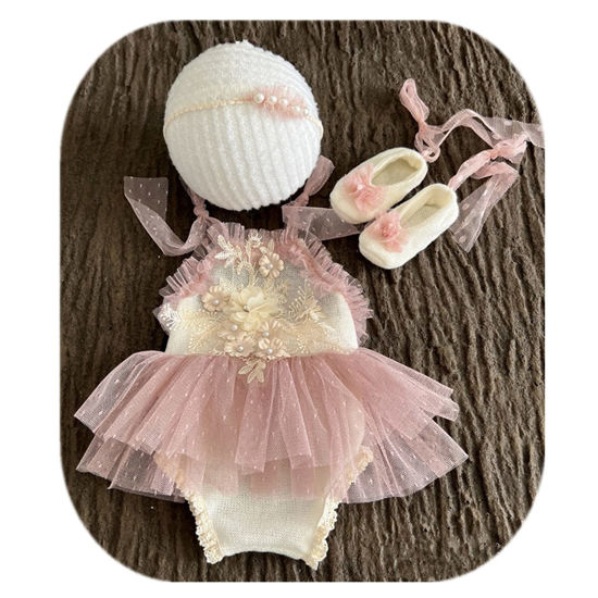 Picture of Vemonllas Newborn Photography Outfits Girl Newborn Photography Props Headband Lace Tutu Rompers Newborn Photoshoot Outfit (Purple Pink)