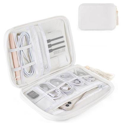 Picture of Mkono Electronics Organizer Travel Cable Cord Organizer Cotton Bag, Portable All-in-One Accessories Travel Essentials Storage Case with Tassel for Cable Charger Phone USB Pouch for Women, White
