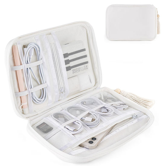 Picture of Mkono Electronics Organizer Travel Cable Cord Organizer Cotton Bag, Portable All-in-One Accessories Travel Essentials Storage Case with Tassel for Cable Charger Phone USB Pouch for Women, White